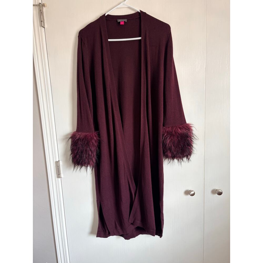 Vince Camuto Burgundy Open Front Longline Cardigan Sweater Faux Fur Cuff Small - Picture 2 of 7